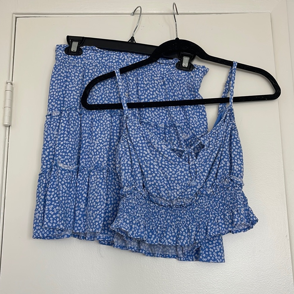WILD FABLE BLUE FLORAL TOP AND SKIRT SET with adjustable straps.